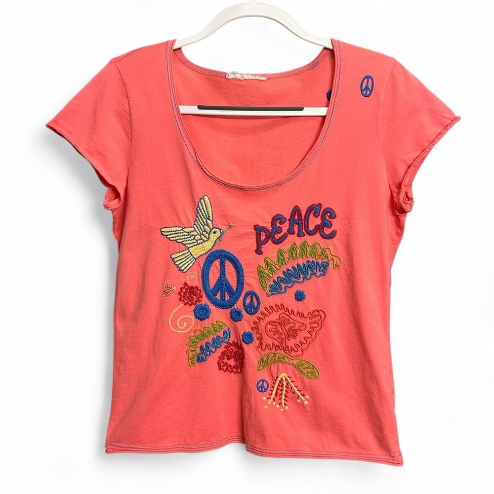 Coral Scoop Neck Boho Graphic Embroidered Tee